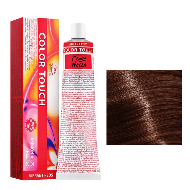 Wella Color Touch hair dye with packaging and a sample of brown hair color.