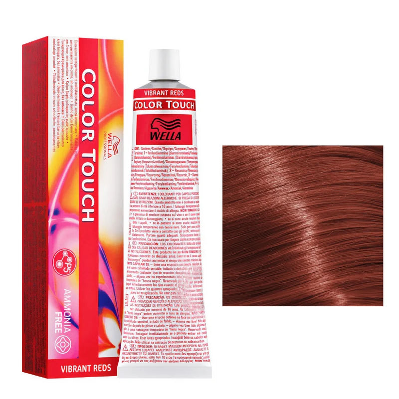 Wella Color Touch hair dye with packaging and a sample of reddish-brown hair color.
