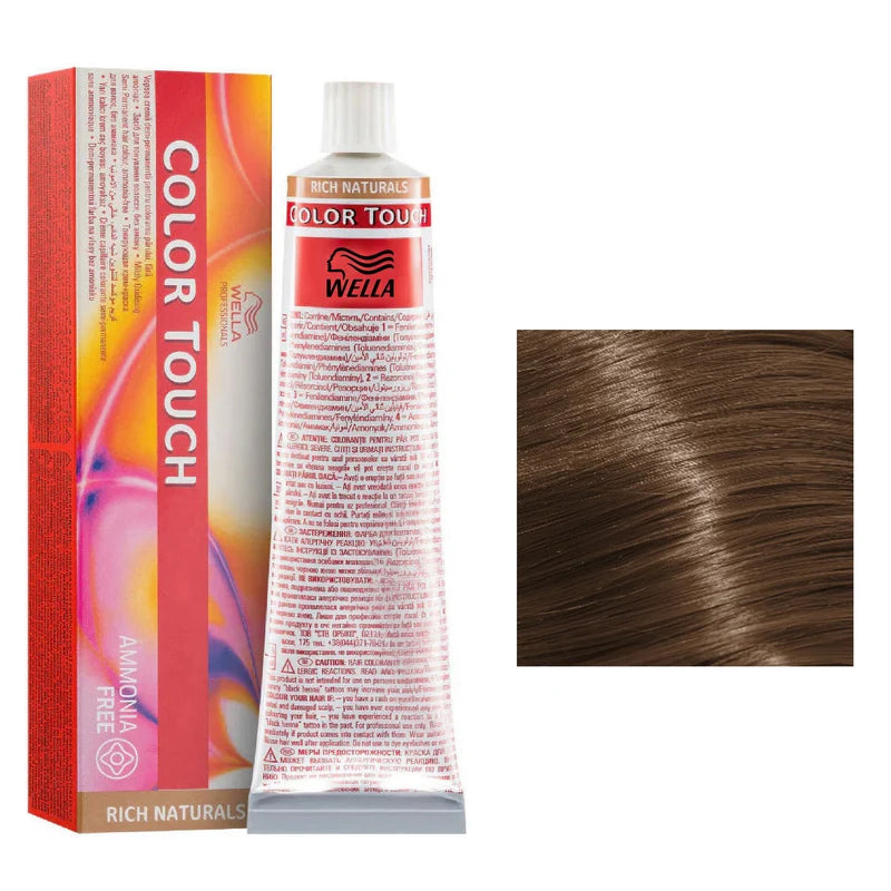 Wella Color Touch hair dye with packaging and a sample of brown hair color.
