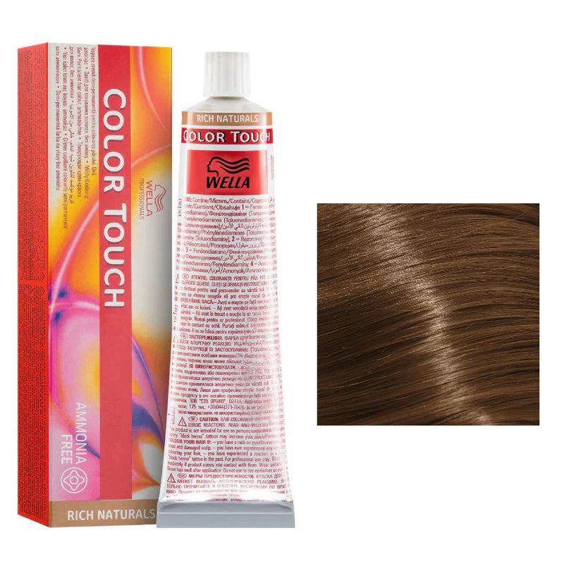 Wella Color Touch hair dye with packaging and a sample of brown hair color.