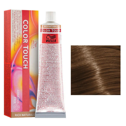 Wella Color Touch hair dye with packaging and a sample of brown hair color.