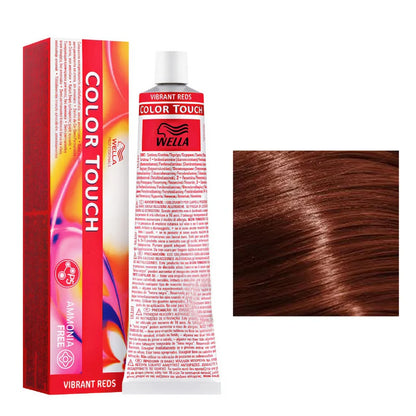 Wella Color Touch Vibrant Red hair dye kit showing the red and orange retail box, the squeeze tube, and a color swatch of highlighted coppery-brown hair on a white background.