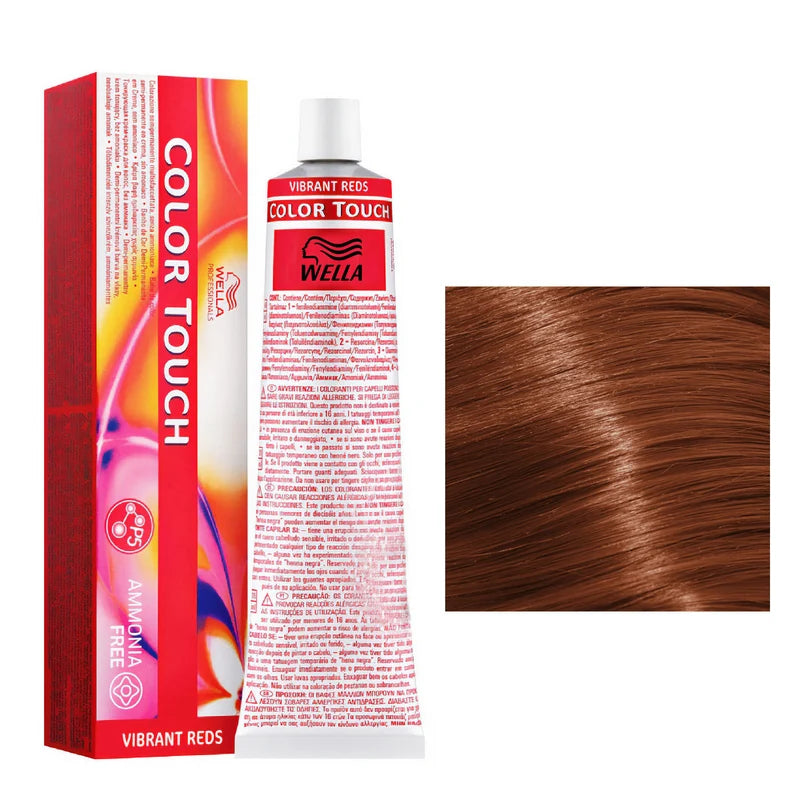 Wella Color Touch hair dye with packaging and a sample of reddish-brown hair color.