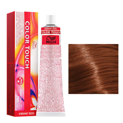 Wella Color Touch hair dye with packaging and a sample of reddish-brown hair color.