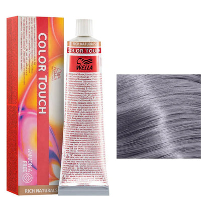 Wella Color Touch hair dye with packaging and a sample of gray hair color.
