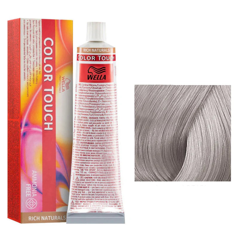 Wella Color Touch hair dye kit showing the product box, a squeeze tube, and a close-up swatch of the resulting silver-gray hair color on a white background.