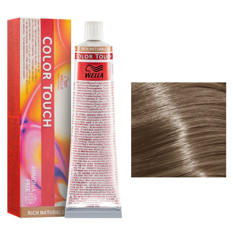 Wella Color Touch hair dye with packaging and a sample of blonde hair color.