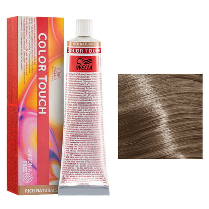 Wella Color Touch hair dye with packaging and a sample of blonde hair color.