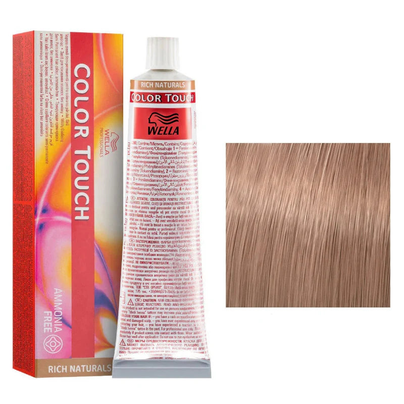 Wella Color Touch hair dye kit showing the orange and red retail box, a tube of hair color, and a square color swatch of the resulting light ash blonde hair on a white background.