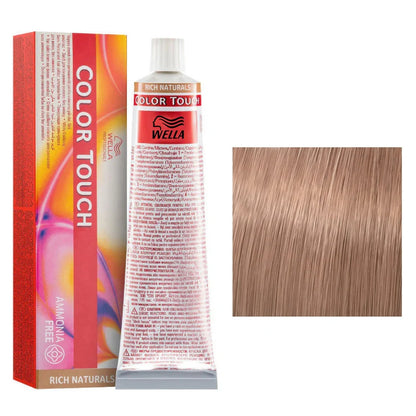 Wella Color Touch hair dye kit showing the orange and red retail box, a tube of hair color, and a square color swatch of the resulting light ash blonde hair on a white background.