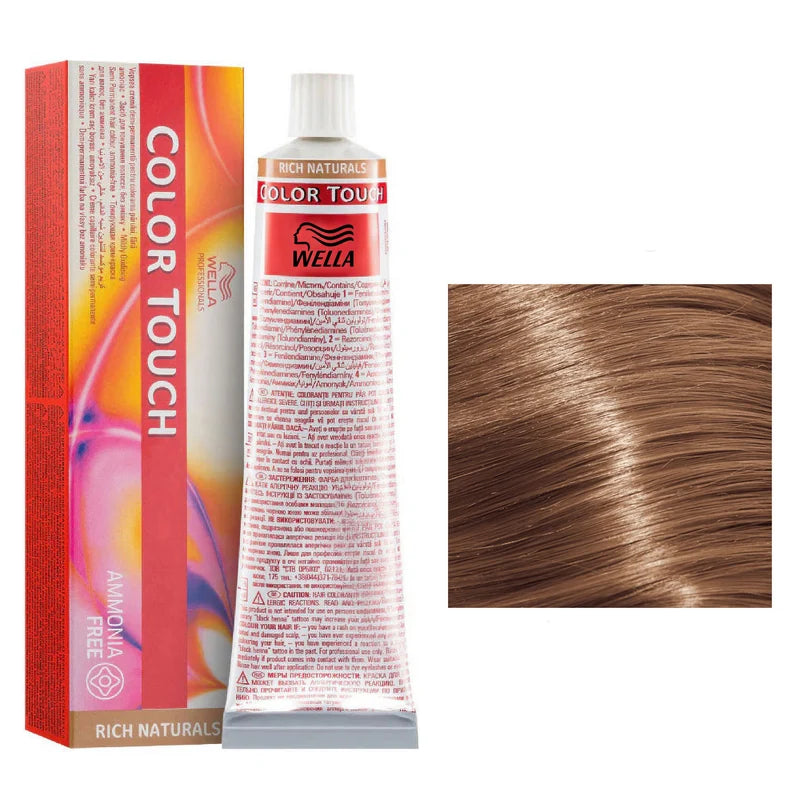 Wella Color Touch hair dye kit showing the retail box, a squeeze tube of hair color, and a close-up swatch of the resulting light brown hair color on a white background.