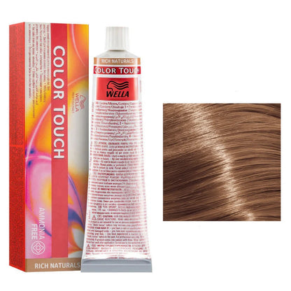 Wella Color Touch hair dye kit showing the retail box, a squeeze tube of hair color, and a close-up swatch of the resulting light brown hair color on a white background.