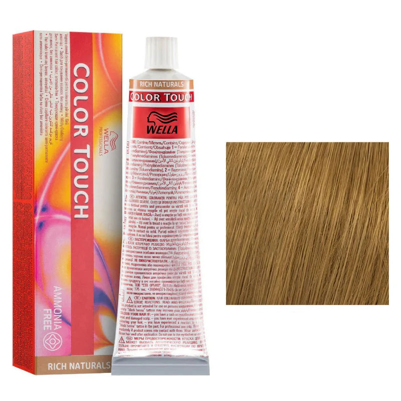 Wella Color Touch hair dye with packaging and color swatch on a white background