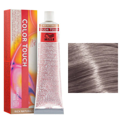Wella Color Touch hair dye with packaging and a sample of gray hair color.