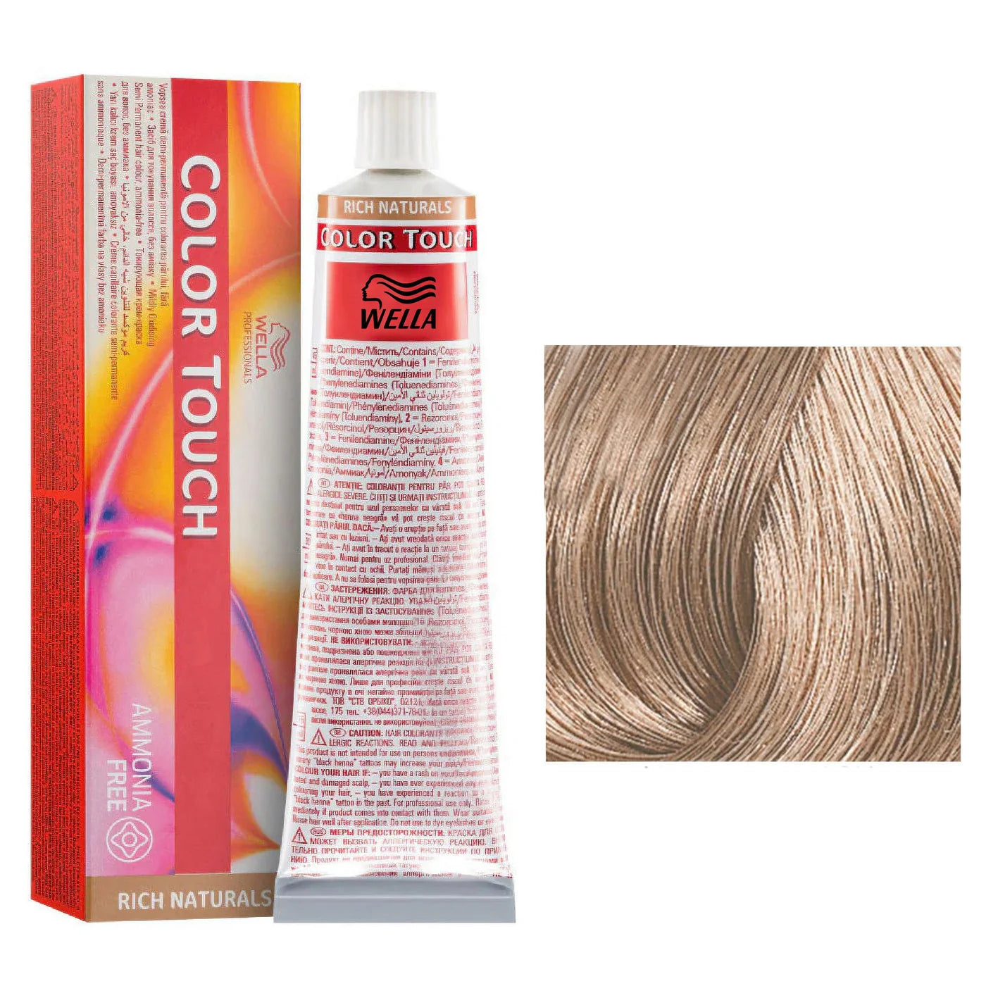 Wella Color Touch hair dye with packaging and color swatch on a white background