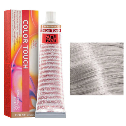 Wella Color Touch hair dye with packaging and a sample of gray hair.
