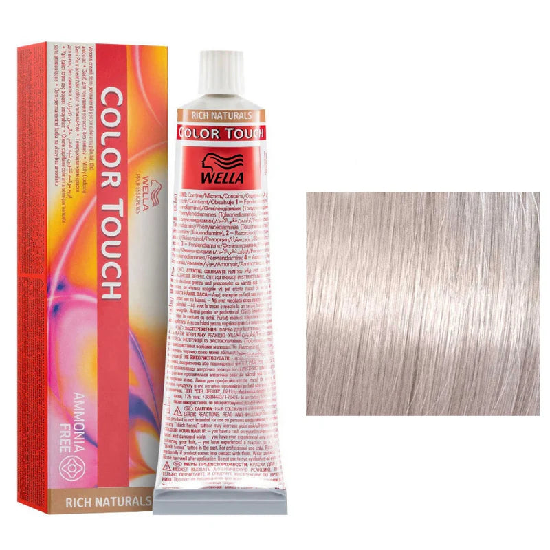 Wella Color Touch hair dye with packaging and a color swatch on a white background