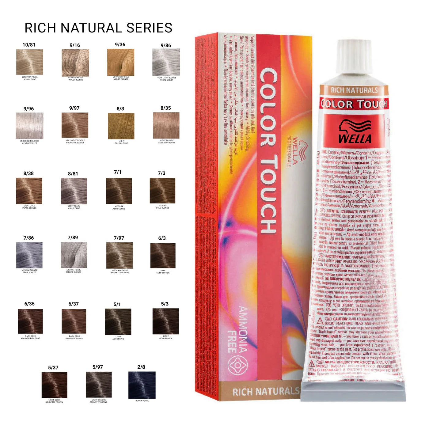 Wella Color Touch rich natural collection hair color product with color chart on a white background