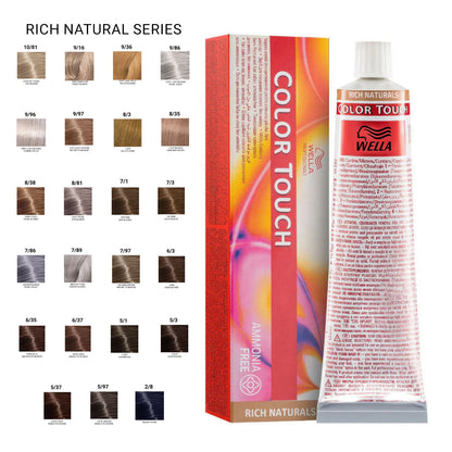 Wella Color Touch rich natural collection hair color product with color chart on a white background