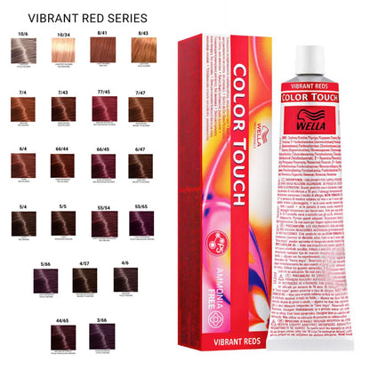 Wella Color Touch vibrant red collection of hair dye with color chart on a white background