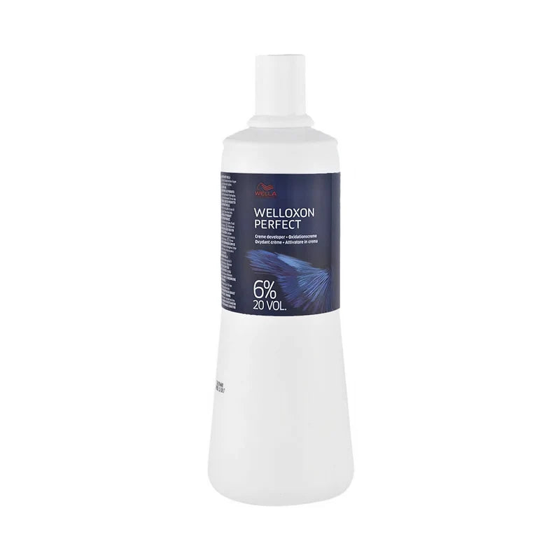 A white bottle of Welloxon Perfect 6% 20 Vol hair developer with a dark blue label, shown against a plain white background.