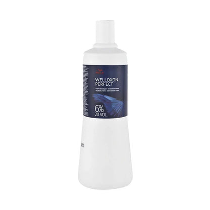 A white bottle of Welloxon Perfect 6% 20 Vol hair developer with a dark blue label, shown against a plain white background.