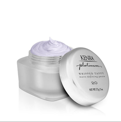 Kenra Platinum whipped taffy matte defining paste jar with lid on a white background