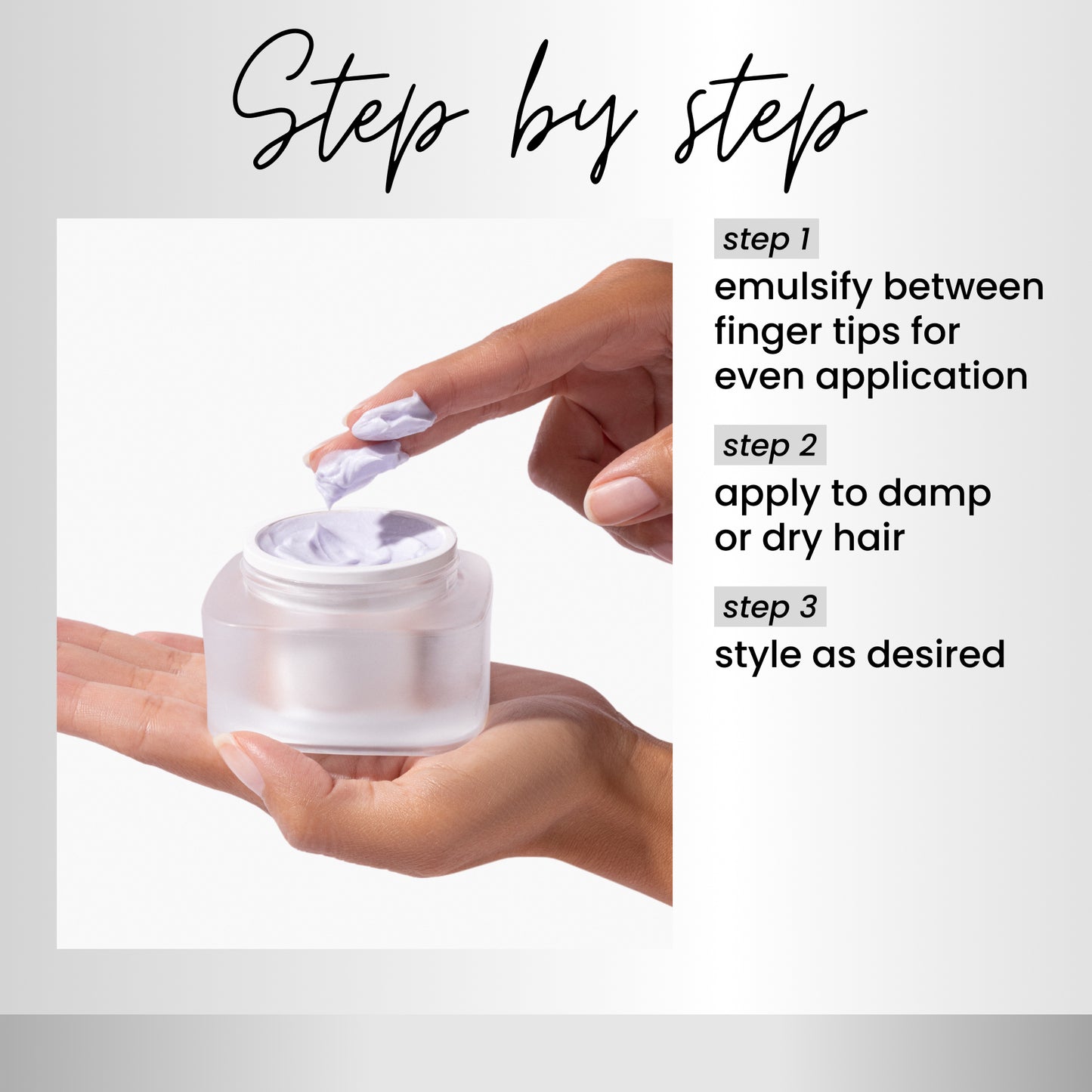 Hands applying a white cream from a jar with text instructions on a light gray background