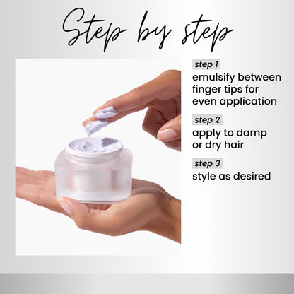 Hands applying a white cream from a jar with text instructions on a light gray background