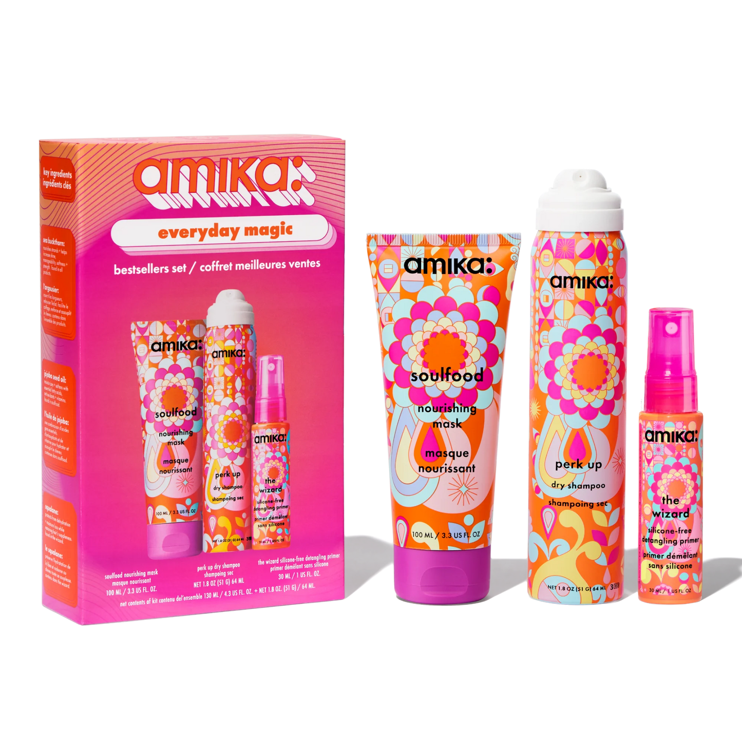 Amika hair care product set with colorful packaging on a white background
