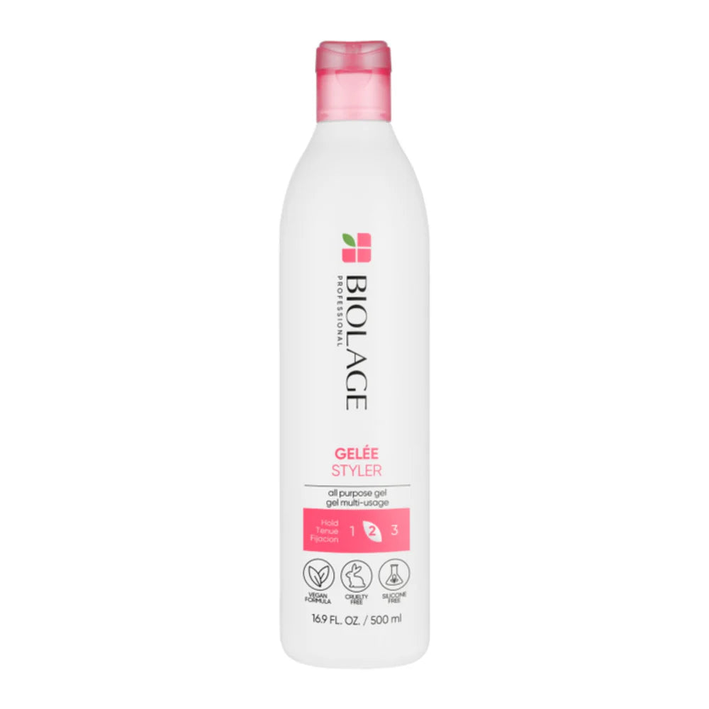 A 500 ml white bottle of Biolage Gelée Styler hair gel with a pink cap and pink label accents, shown against a plain white background.