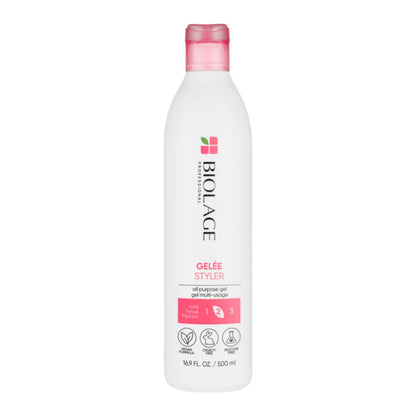 A 500 ml white bottle of Biolage Gelée Styler hair gel with a pink cap and pink label accents, shown against a plain white background.
