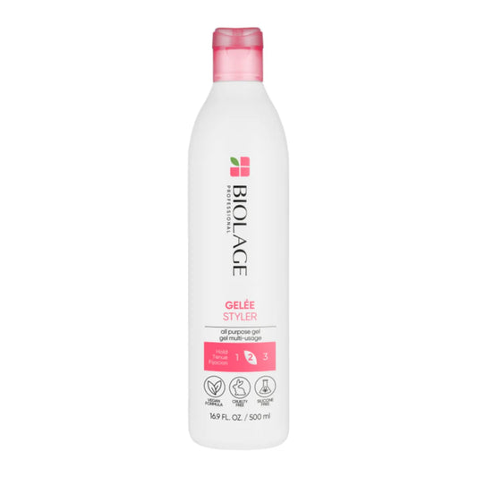 A 500 ml white bottle of Biolage Gelée Styler hair gel with a pink cap and pink label accents, shown against a plain white background.