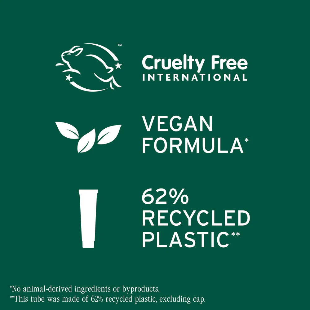 Green background with cruelty-free, vegan formula, and recycled plastic product features.