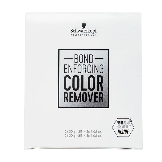 Schwarzkopf Professional Bond Enforcing Color Remover in a white rectangular box with black text and a small Fibre Touch Technology Inside badge.