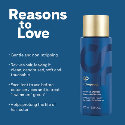 Blue shampoo bottle with gold cap on a blue background with text about product benefits.