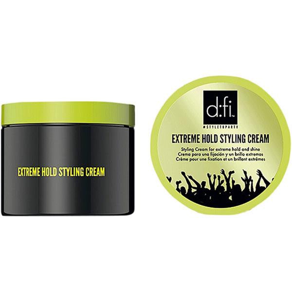 Black and green jar of dü fi Extreme Hold Styling Cream on a white background