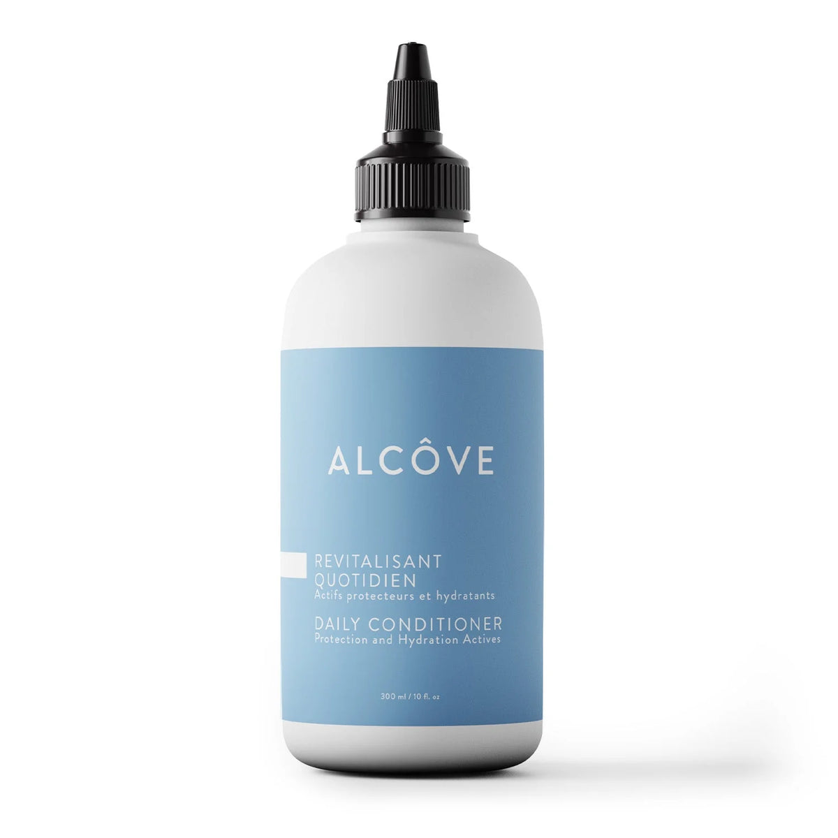 A bottle of Alcôve Daily Conditioner with a white body, a light blue label, and a black dropper cap, shown on a clean white background.
