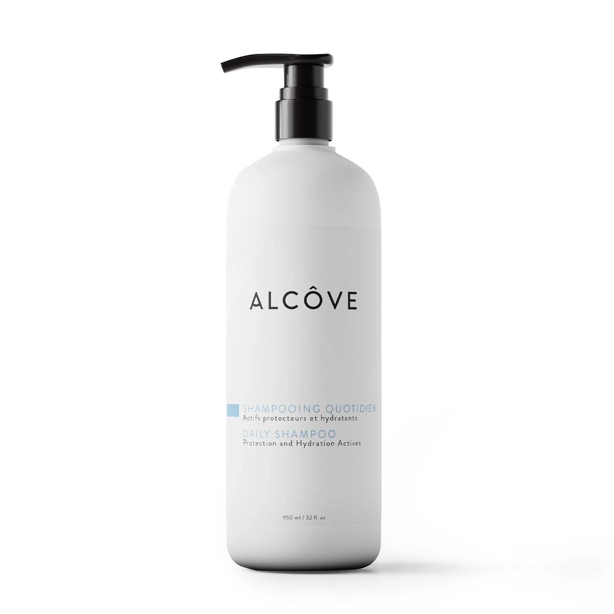 A tall white bottle of Alcòve Daily Shampoo with a black pump dispenser, shown on a clean white background.