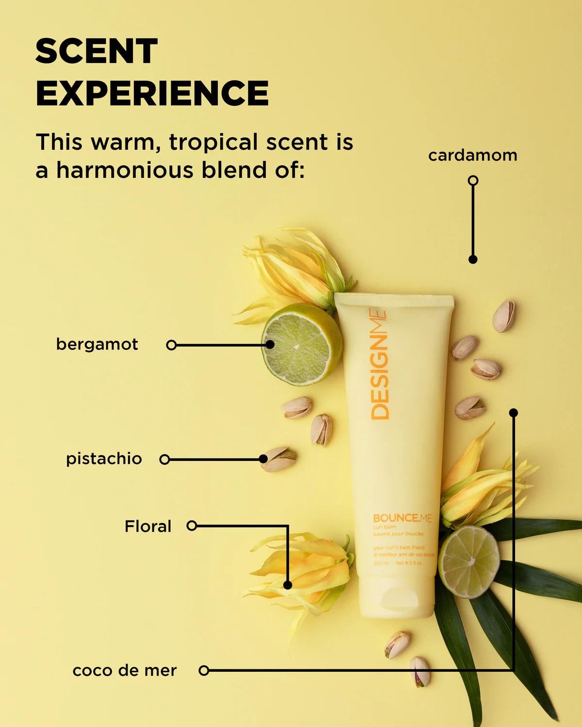 Product with labeled ingredients on a yellow background, featuring 'Design' brand.