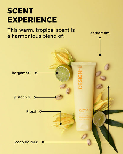 Product with labeled ingredients on a yellow background, featuring 'Design' brand.