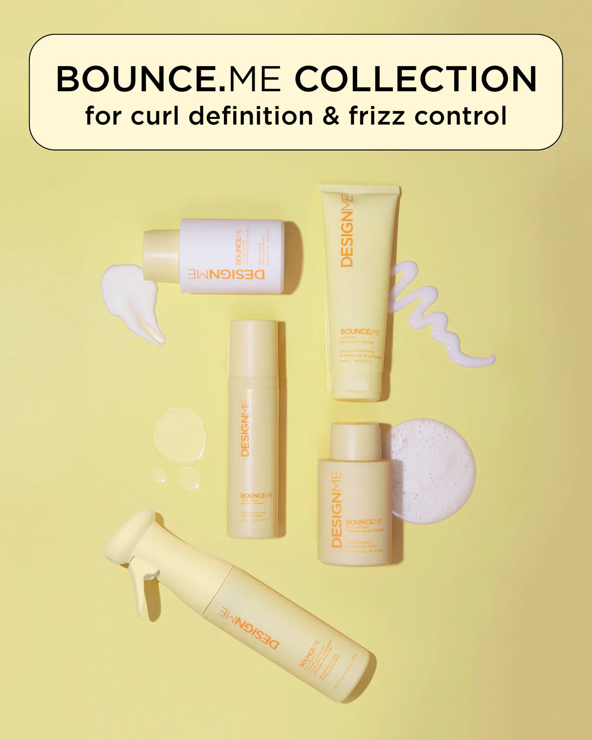 Bounce.Me hair care products for curl definition and frizz control on a yellow background