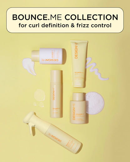 Bounce.Me hair care products for curl definition and frizz control on a yellow background