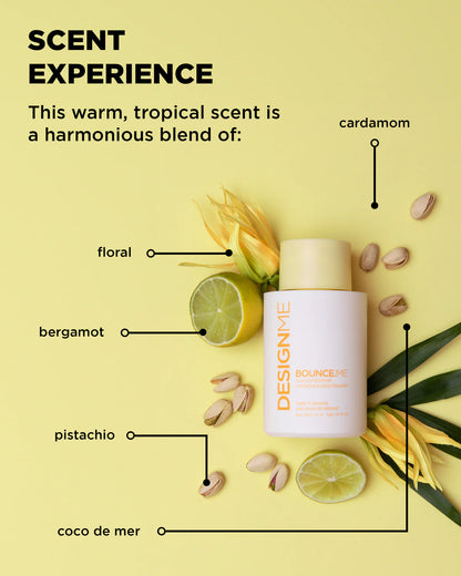 Product with labeled ingredients on a yellow background, featuring 'Scent Experience' text.