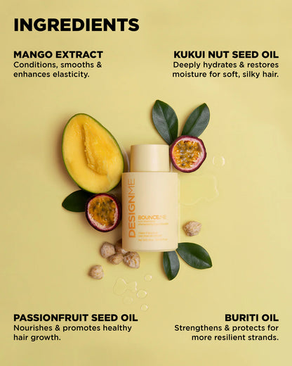 Hair care product with ingredients listed on a yellow background