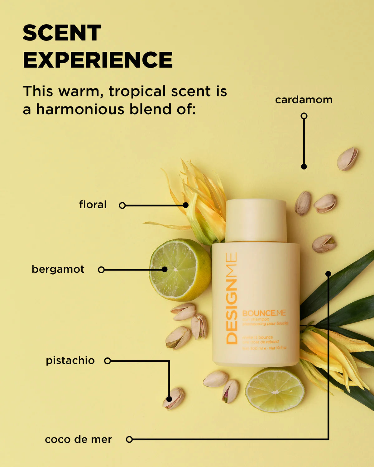 Product with labeled ingredients on a yellow background, featuring 'Design Me' brand.