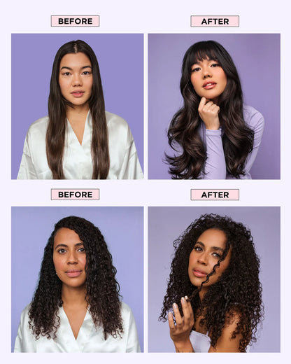 Before and after comparison of hair styles on a purple background
