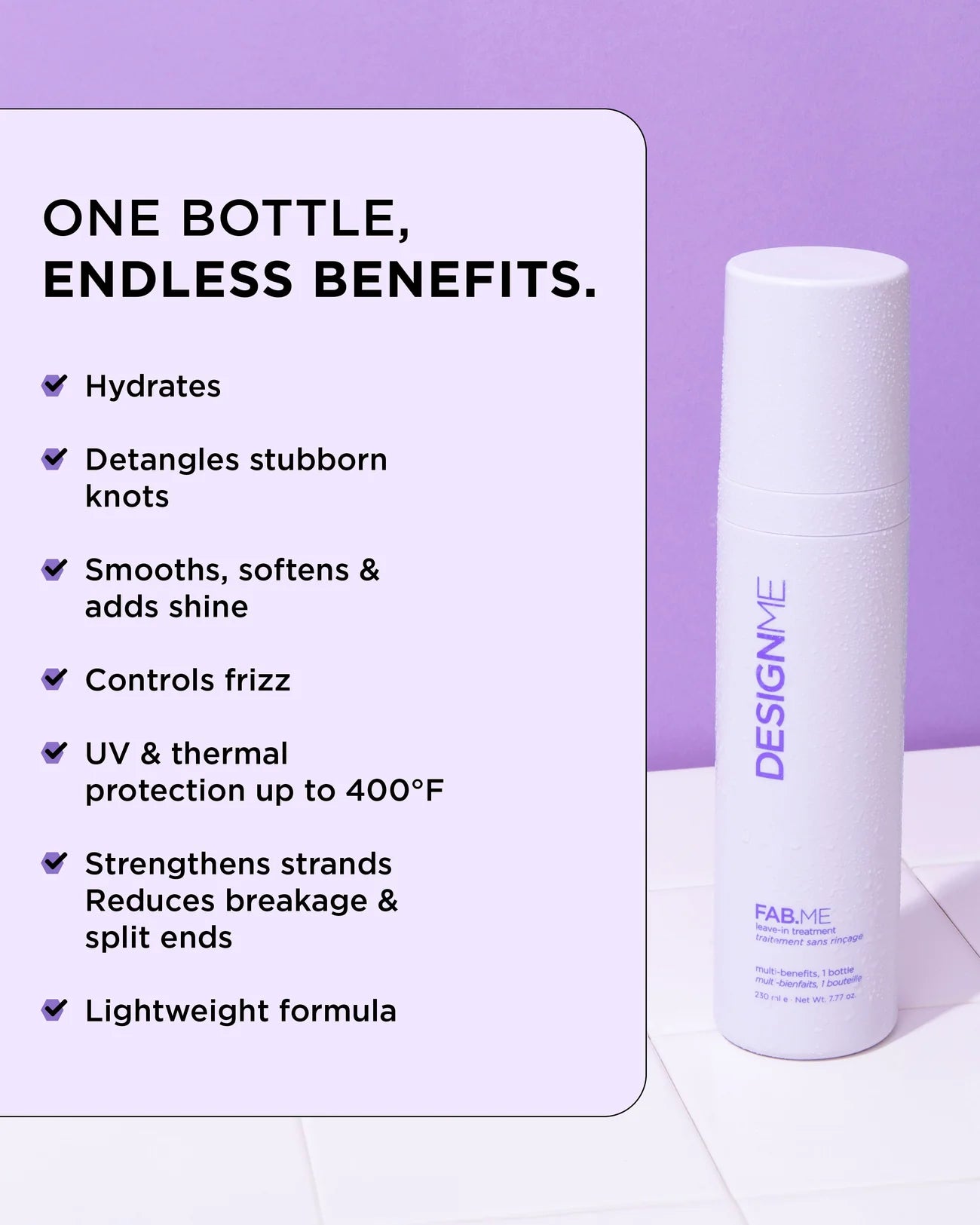 Design.Me hair product bottle with benefits listed on a purple background