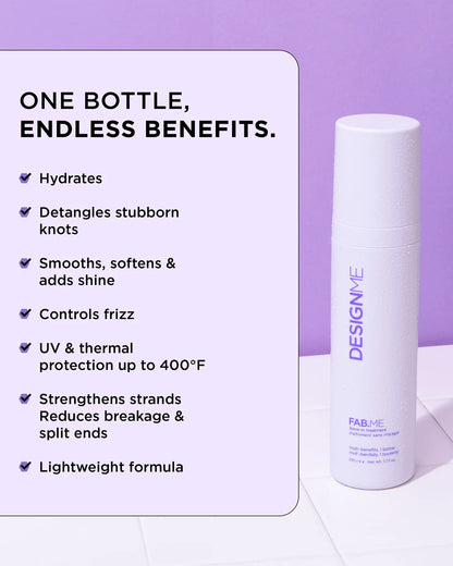 Design.Me hair product bottle with benefits listed on a purple background