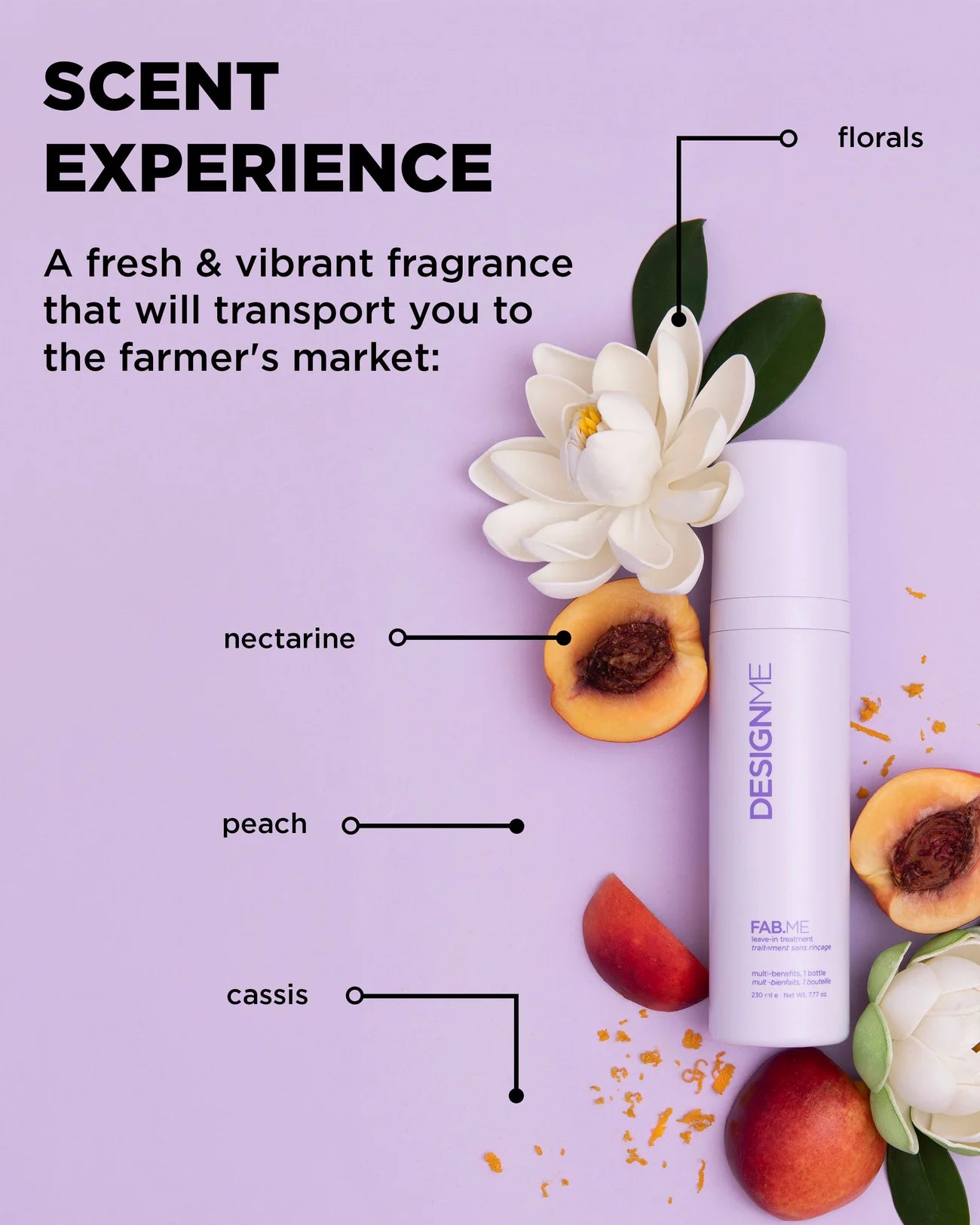 Product packaging with flowers and fruits on a purple background, labeled with scents.